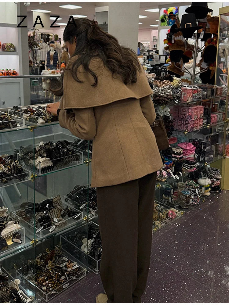 Zaza Chic Shawl Woolen Jacket For Women Long Sleeve Single Breasted Lapel Cape Coat 2025 New Lady Autumn Winter Outwears