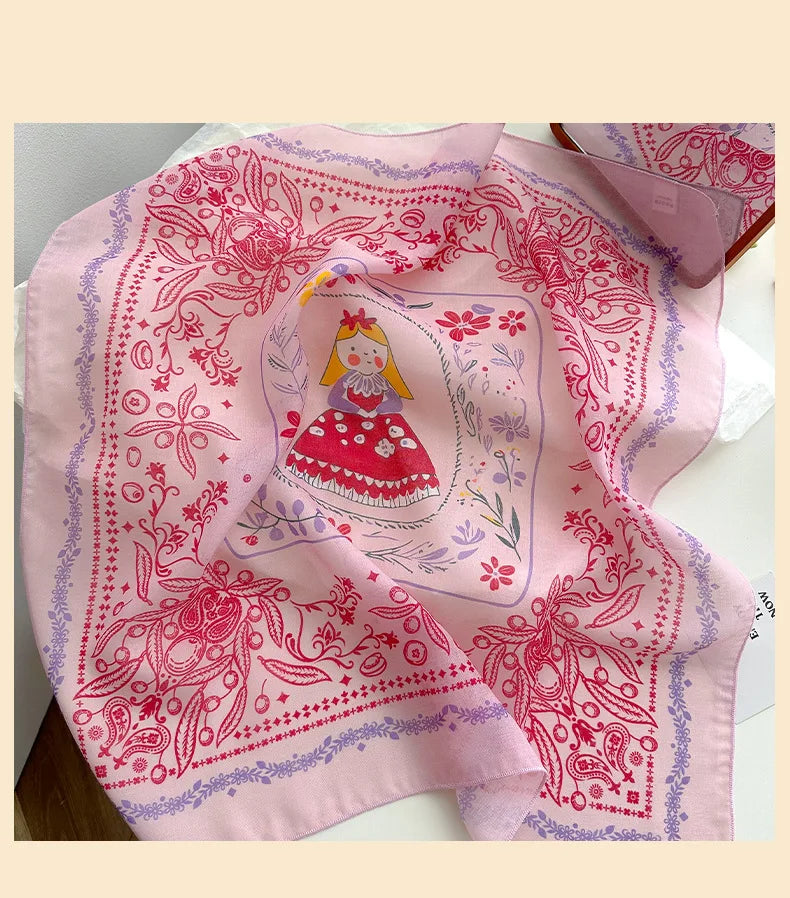 Women's Silk Scarf Fresh Breathable Soft Artistic Decorative Small Silk Scarf Retro Versatile Floral Cotton Linen Square Scarf