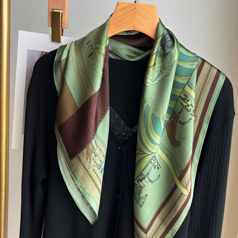 Women's Fashion Soft Satin Scarf Vintage Style Versatile Green Square Scarf Lightweight Shawl Windproof Sun Protection Hairbands