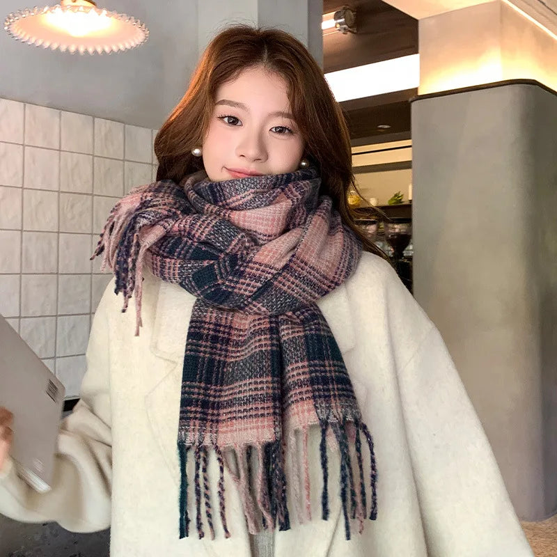 Women's Fashion Scarf New Sweet Style Sacrf Autumn Winter Checkered Scarf New Versatile Warm Couple's Scarf Shawl Korean Style