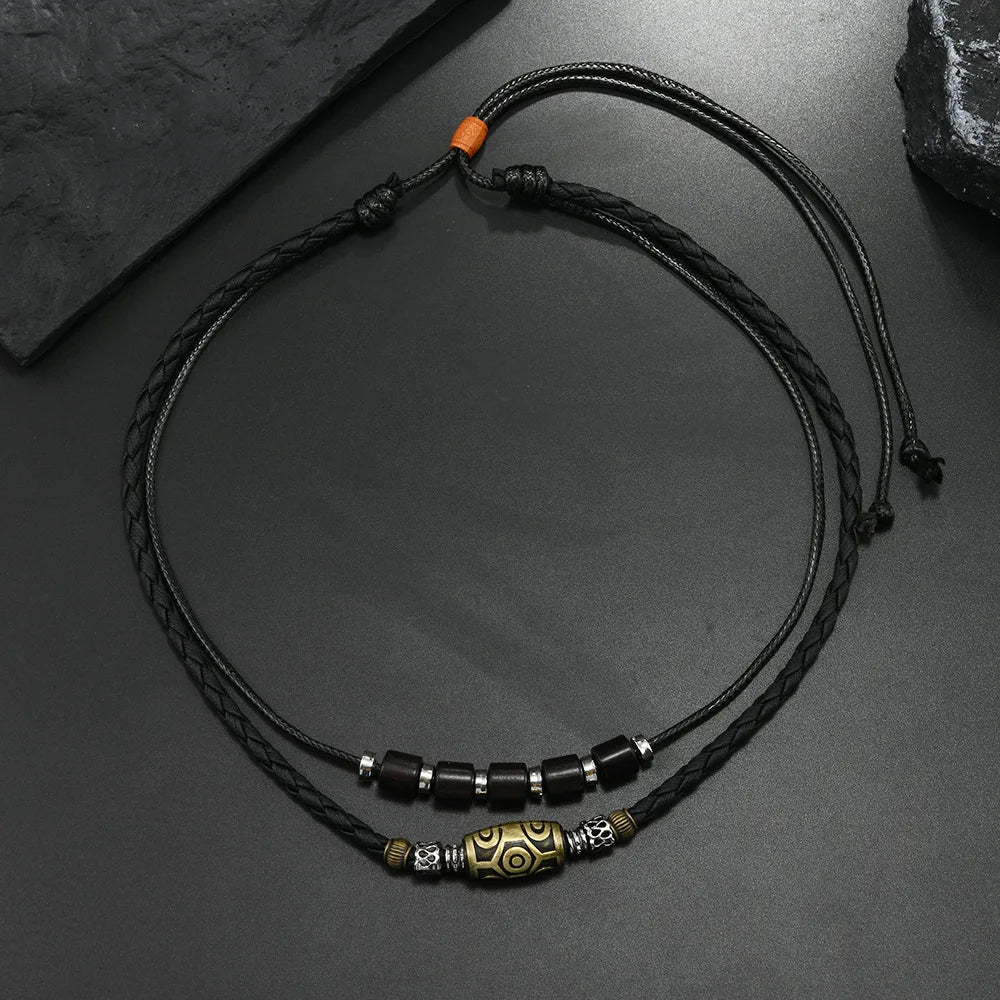 European and American cross-border punk style retro personality necklace trendy men woven wax rope antique pendant collarbone ch