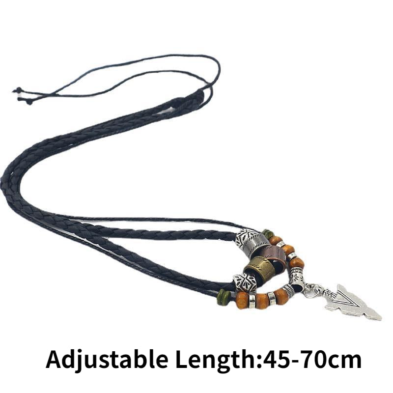 قلادة رجالية من الجلد الصناعي المتراص، مزينة بحبل وخرز، بتصميم عتيق متعدد الطبقات، مزينة بسهم قبلي، قلادة رجالية، مجوهرات، طوق رجالي