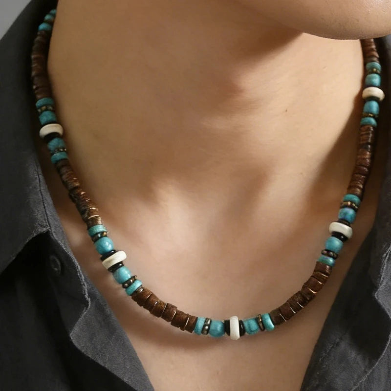 Natural Wood Beaded Short Choker Necklace for Men Trendy Small Beads Collar 2024 Fashion Jewelry on Neck Accessories Male Gift