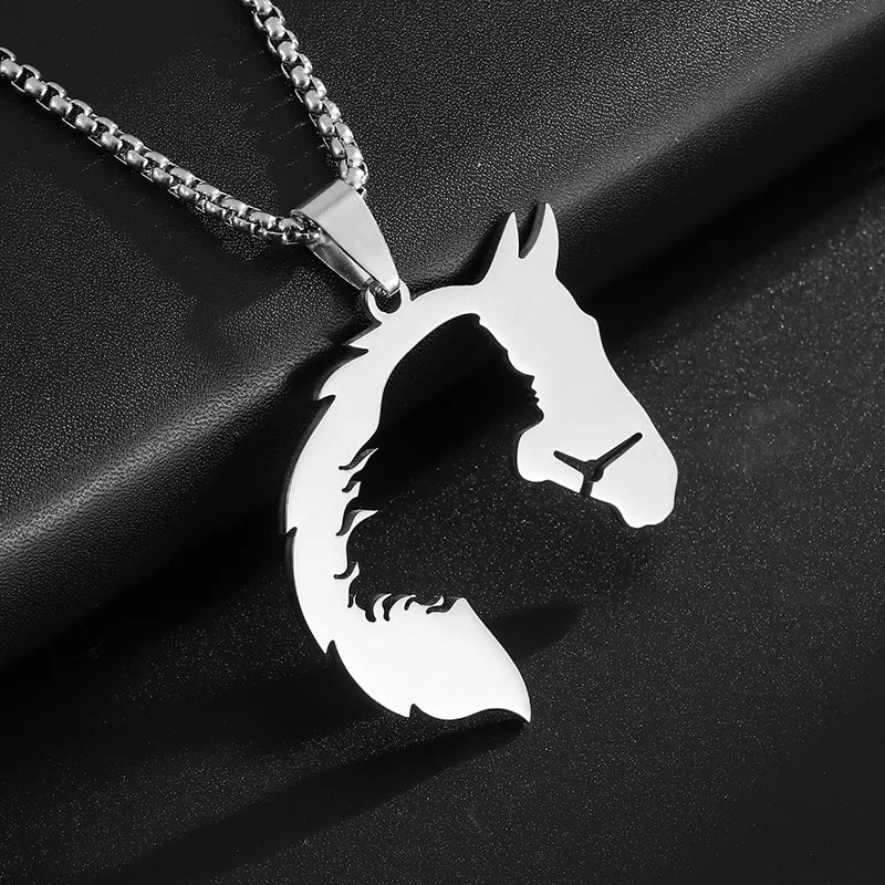 men's Necklace Hollowed Out Horsehead And Girl Pendant hip-hop Silver Color Stainless Steel Chain Personality Rock Jewelry Gifts