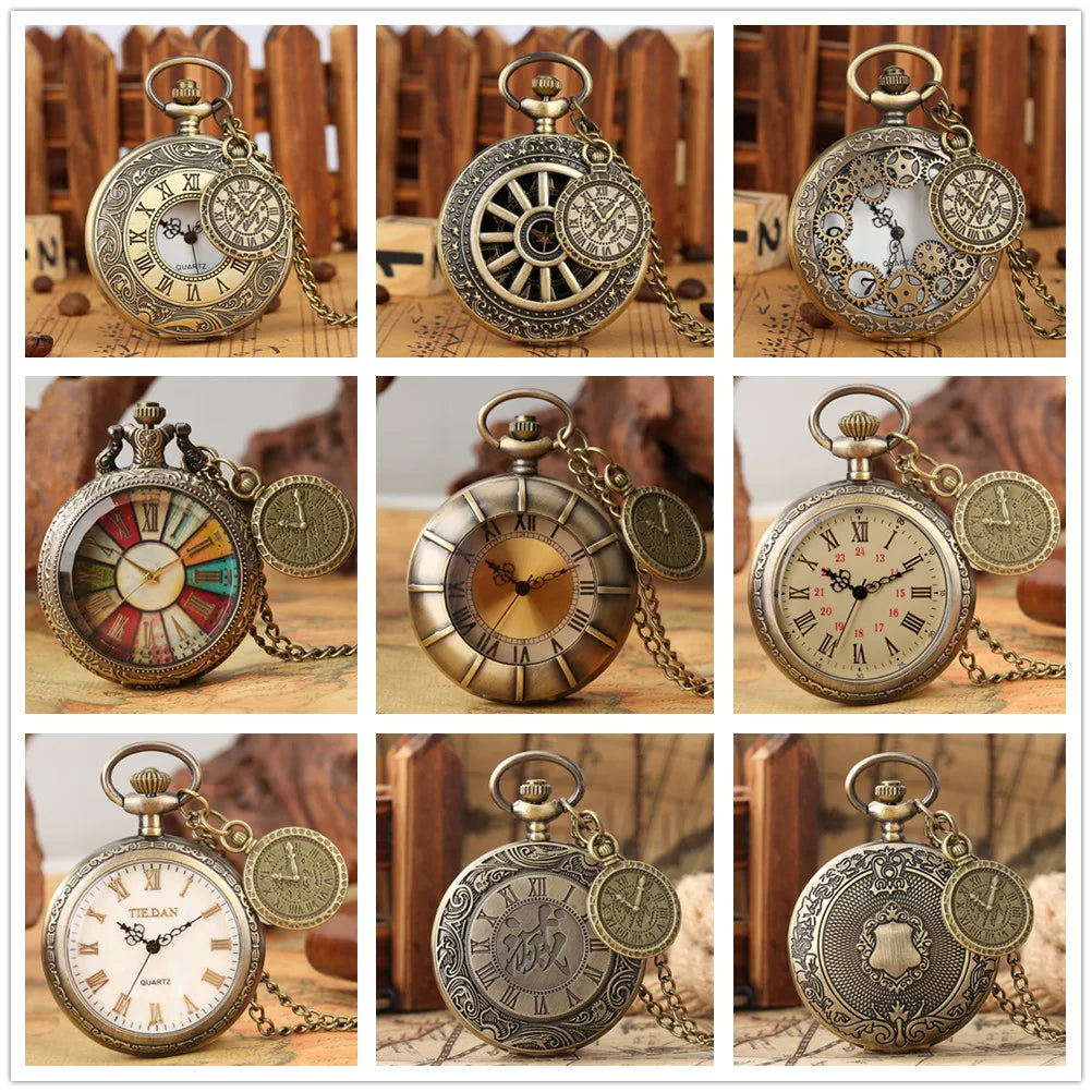 Charm Bronze Quartz Necklace Watch Men Women Roman Numerals Pendant Accessory Vintage Fashion Antique Pocket Clock Gifts