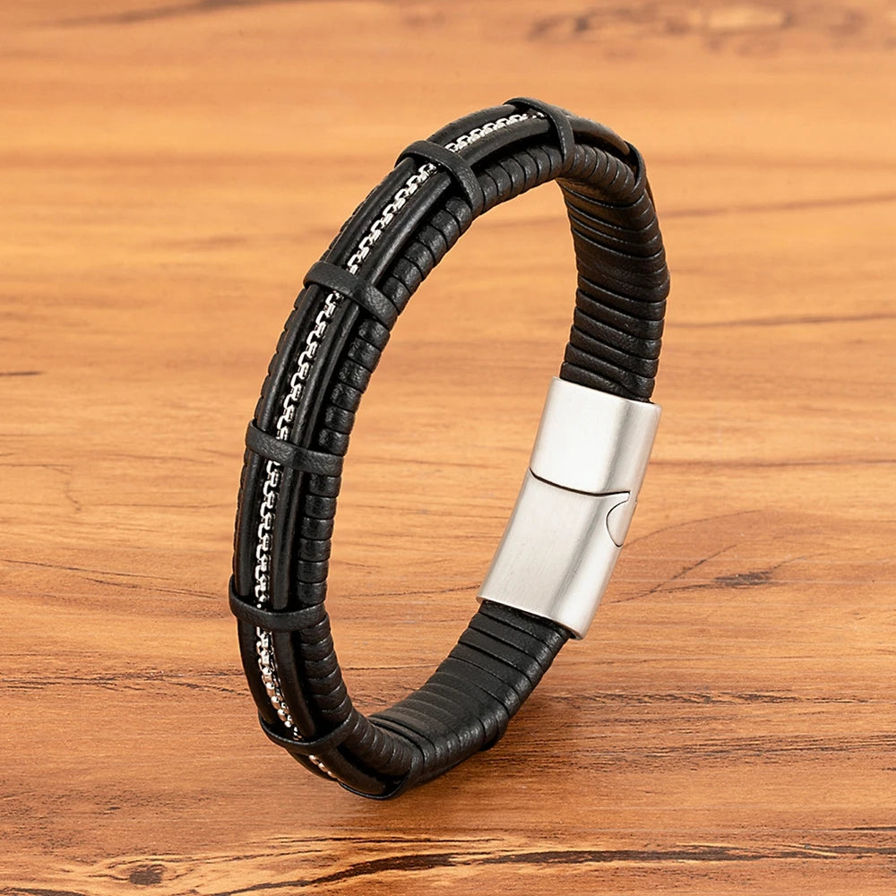 XQNI Stainless Steel Leather Bracelet For Mens Chain Charm Jewelry Magnetic Clasp Bangle for Dad Boyfriend Lover Birthday Gifts