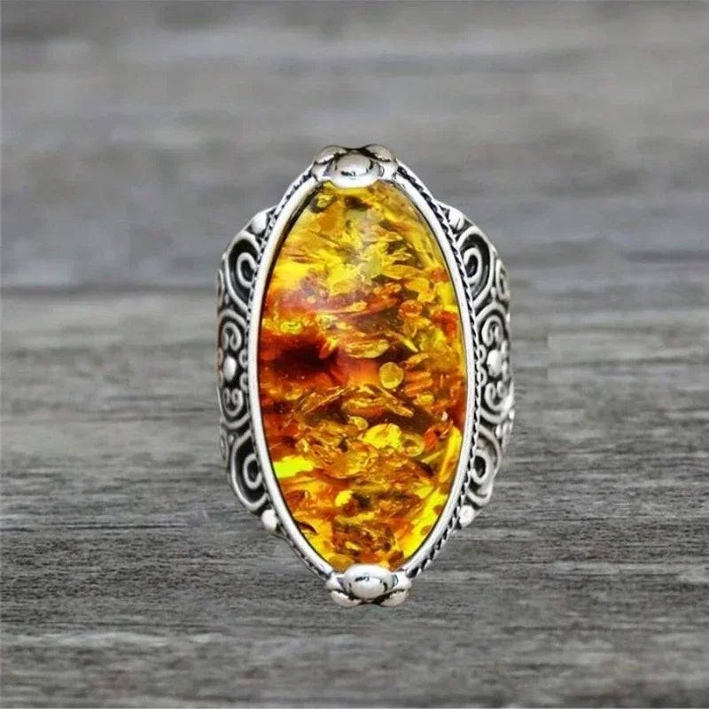 European and American Creative Retro Imitation Amber Ring Bohemian Ethnic Style Ancient Silver Carved Men's Ring