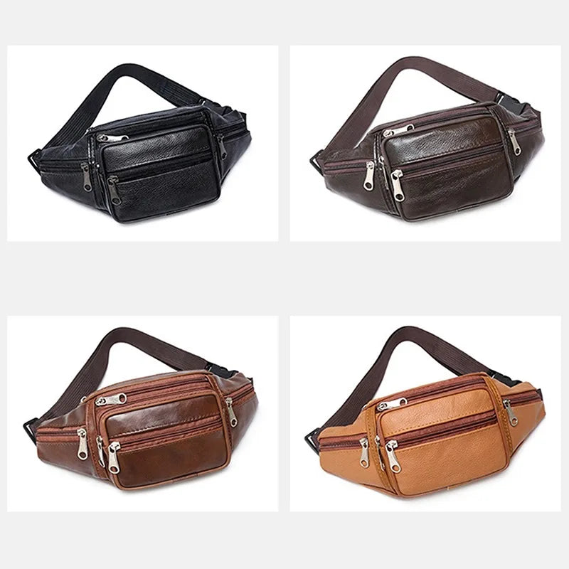 Fashion Men Leather Fanny Bag for Phone Pouch Male Leather Messenger Bags Brand Fanny Pack Male Travel Waist Bag