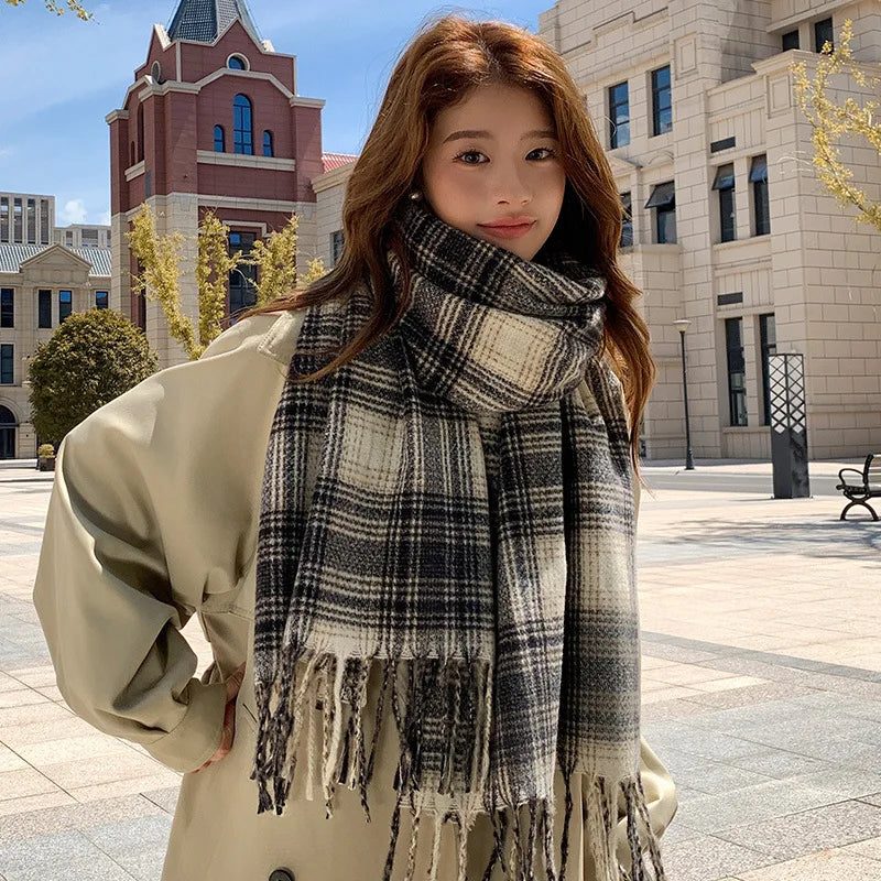 Women's Fashion Scarf New Sweet Style Sacrf Autumn Winter Checkered Scarf New Versatile Warm Couple's Scarf Shawl Korean Style