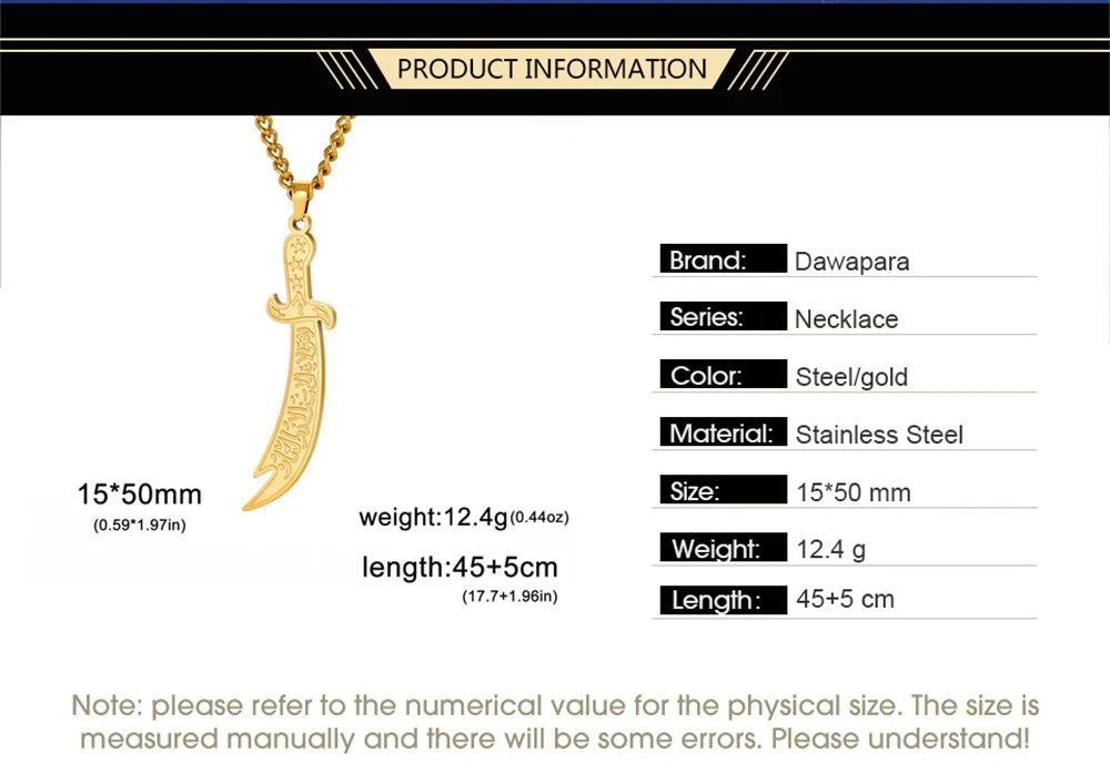 Dawapara Imam Ali Zulfiqar Sword Jewelry Set Arabic Necklace Ring Islamic Muslim Jewelry Stainless Steel  Religious Gift