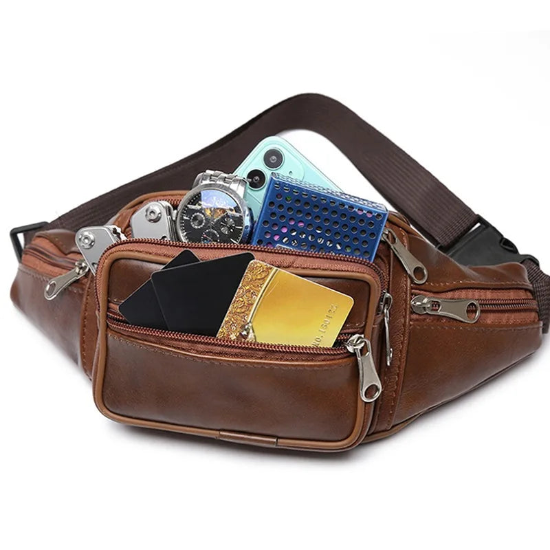 Fashion Men Leather Fanny Bag for Phone Pouch Male Leather Messenger Bags Brand Fanny Pack Male Travel Waist Bag