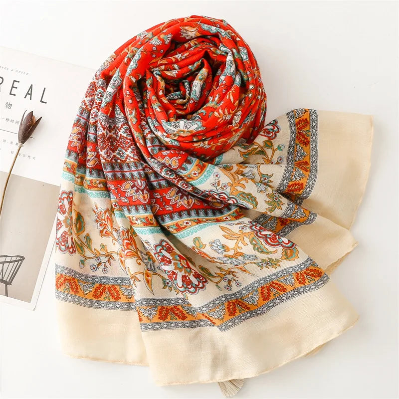 Travel Vacation Shawl Red Flower Retro Ethnic Style Scarf Cotton And Linen Clothing Accessories For Women