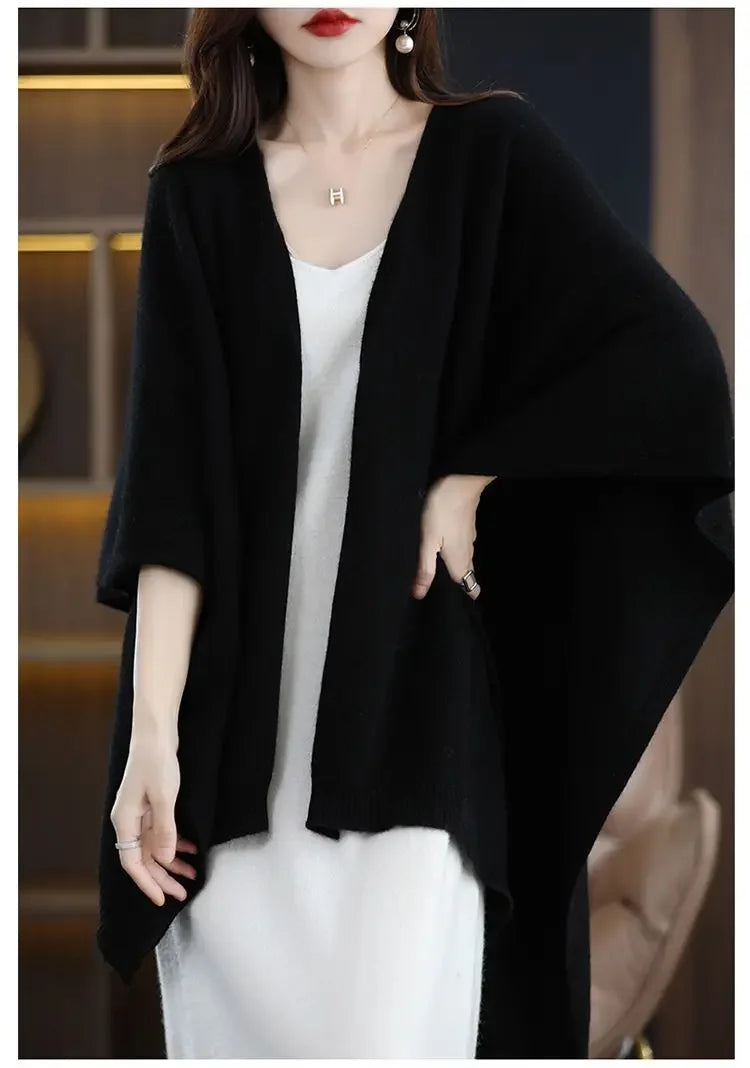 Shawl Cape Sweater Cardigan Women's 2024 Spring and Autumn New Style Outerwear Loose Knit Sweater Jacket Medium Long Style