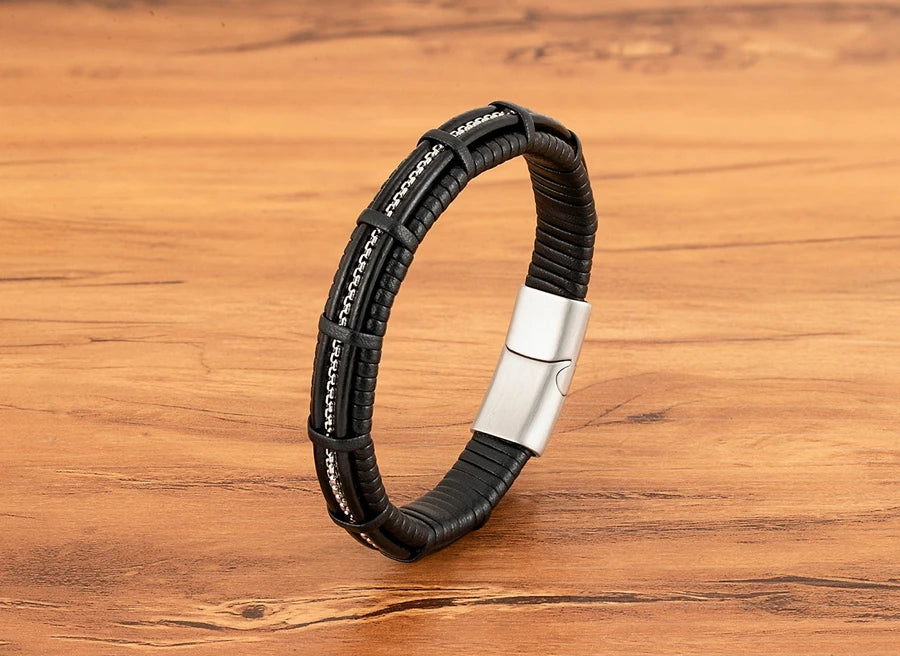 XQNI Stainless Steel Leather Bracelet For Mens Chain Charm Jewelry Magnetic Clasp Bangle for Dad Boyfriend Lover Birthday Gifts