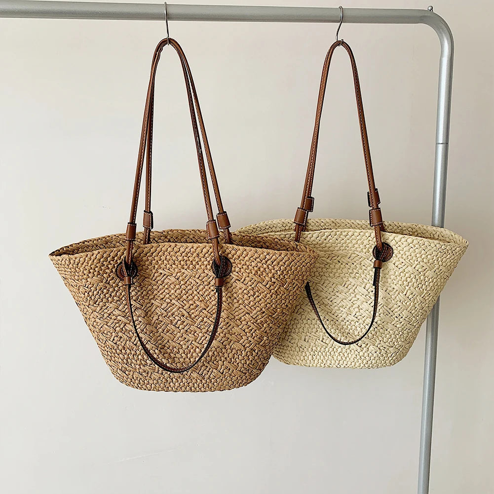 Women Woven Tote Bag Fashion Shoulder Bag Large Capacity Summer Beach Bags Simple Woven Handbag Chic Hobo Bag for Outdoor Travel
