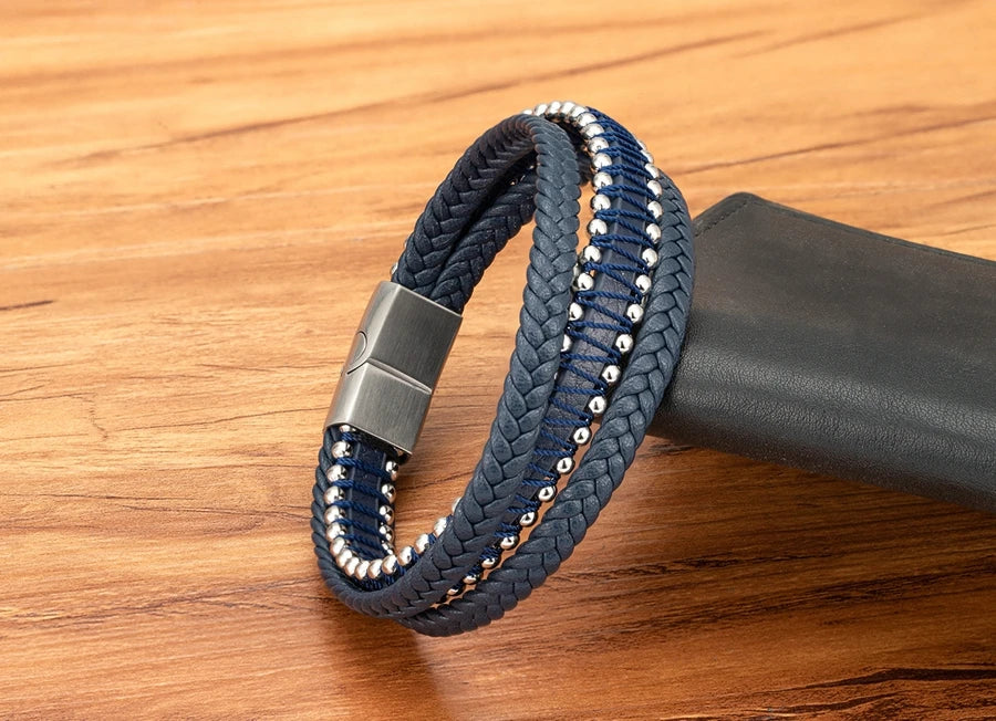 XQNI Stainless Steel Leather Bracelet For Mens Chain Charm Jewelry Magnetic Clasp Bangle for Dad Boyfriend Lover Birthday Gifts