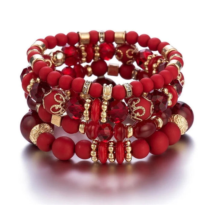 4pcs/set Boho Strand Bracelets For Women Crystal Beads Bracelets Heart Letter Elastic Bangles Wristband Yoga Jewelry Gifts