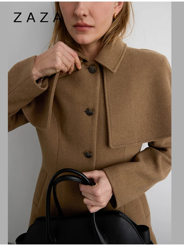 Zaza Chic Shawl Woolen Jacket For Women Long Sleeve Single Breasted Lapel Cape Coat 2025 New Lady Autumn Winter Outwears