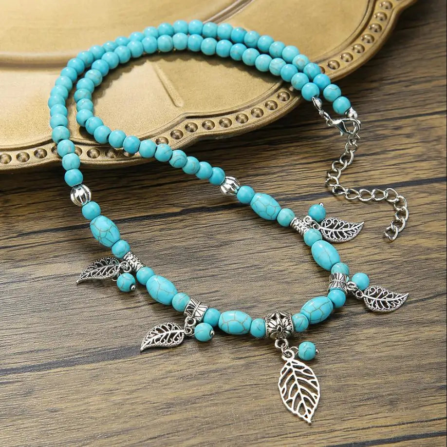 Available Necklace for Women Natural Turquoise Beaded Jewelry Double Teardrop Pendant Turquoise Beautiful Elegant Necklace