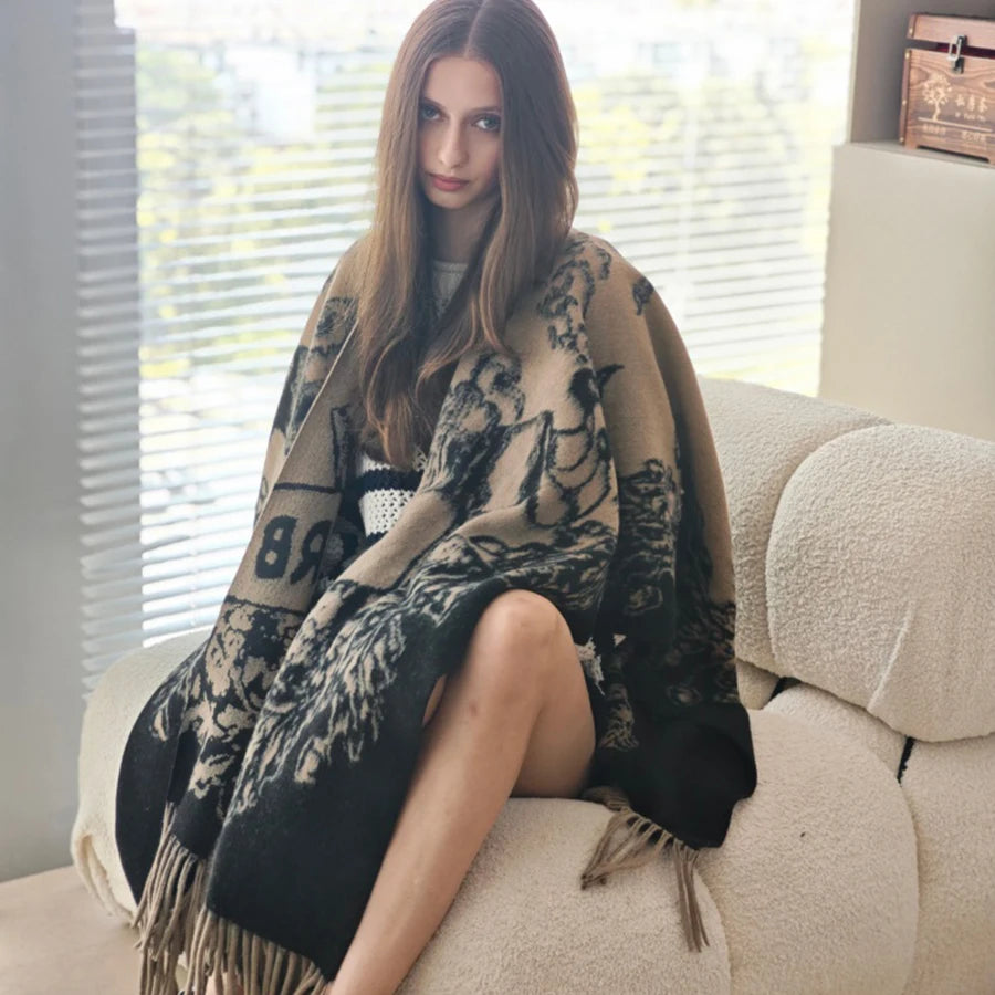 Women's Shawl Vintage Pattern (Beige/Black) Fringe Decor Soft Warm for Autumn Winter Daily Home Casual Fashion Accessory