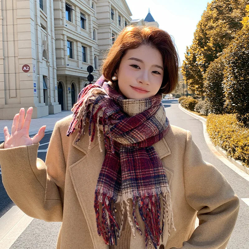 Women's Fashion Scarf New Sweet Style Sacrf Autumn Winter Checkered Scarf New Versatile Warm Couple's Scarf Shawl Korean Style