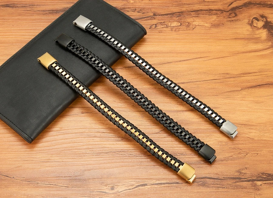 XQNI Stainless Steel Leather Bracelet For Mens Chain Charm Jewelry Magnetic Clasp Bangle for Dad Boyfriend Lover Birthday Gifts