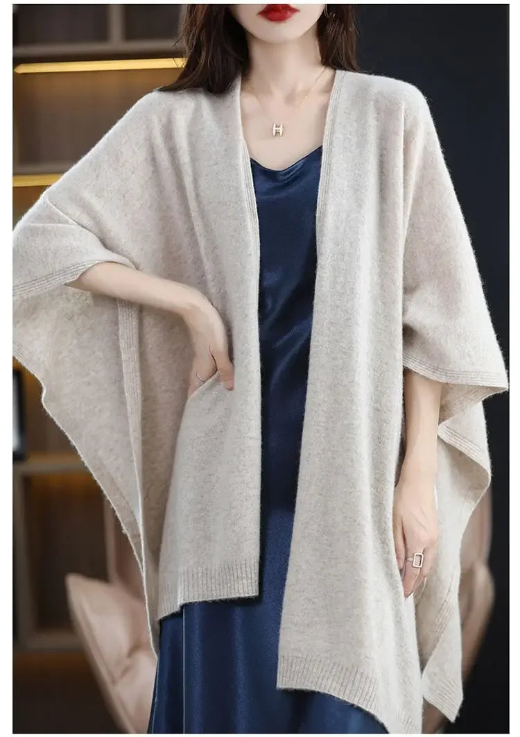 Shawl Cape Sweater Cardigan Women's 2024 Spring and Autumn New Style Outerwear Loose Knit Sweater Jacket Medium Long Style
