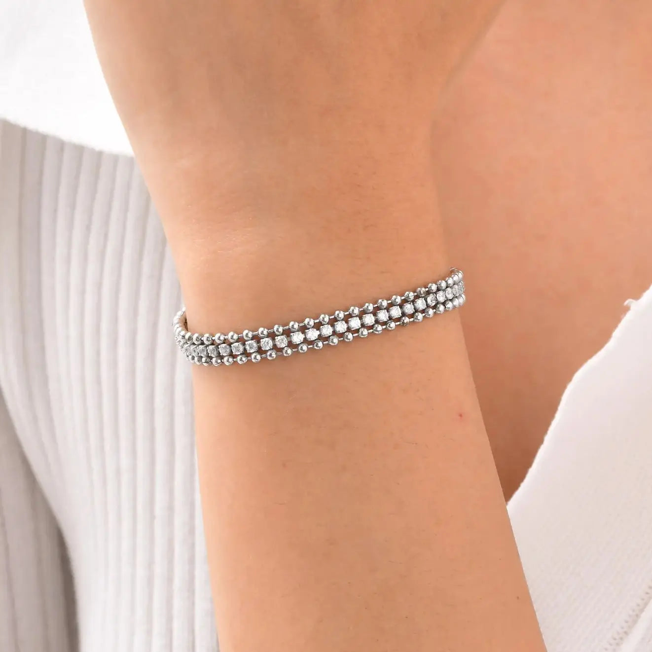 Tennis Bracelet for Women, Cubic Zirconia Chain Bracelet Adjustable,Stainless Steel Wave Bead Chain Three-layer Bracelet Jewelry