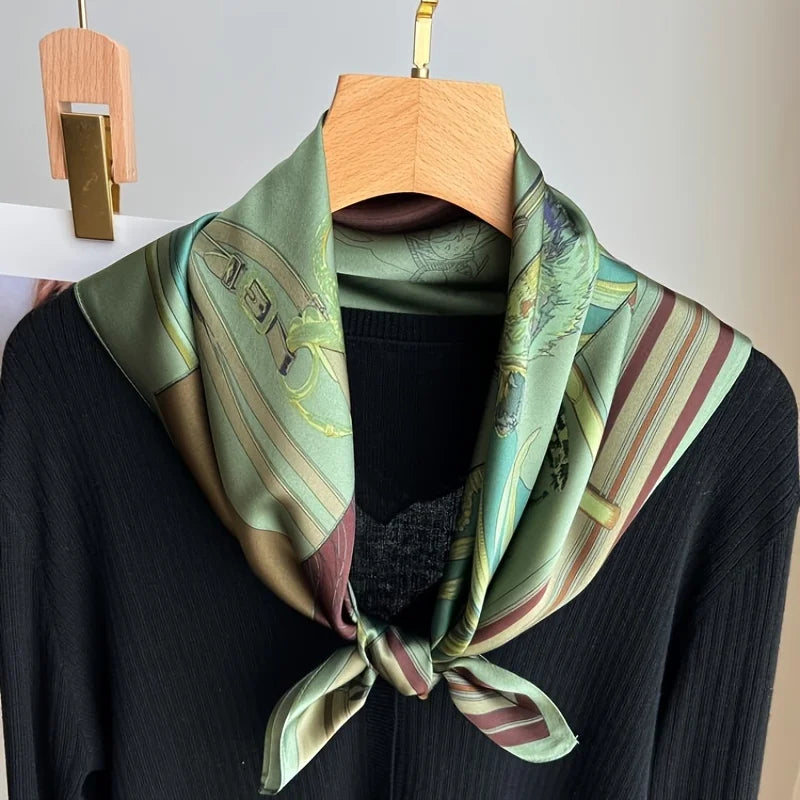 Women's Fashion Soft Satin Scarf Vintage Style Versatile Green Square Scarf Lightweight Shawl Windproof Sun Protection Hairbands
