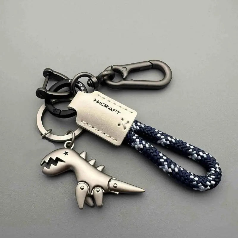 Motorcycle Decoration Accessories Little Dinosaur Car Keychain Single Leather Woven Rope Metal Keychain Handbag Pendant
