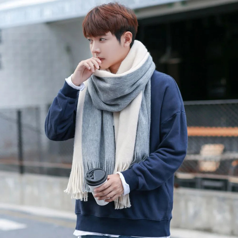 Simple Men's Scarf Autumn and Winter Warm Thickened Woolen Scarf Fashionable Versatile Neck Warm Neckerchief Striped Color Block