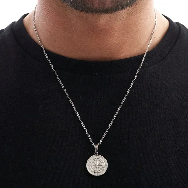 Layered Necklaces for Men Sailing Travel Compass Pendant Stainless Steel Cuban Figaro Wheat Chain Casual Retro Collar