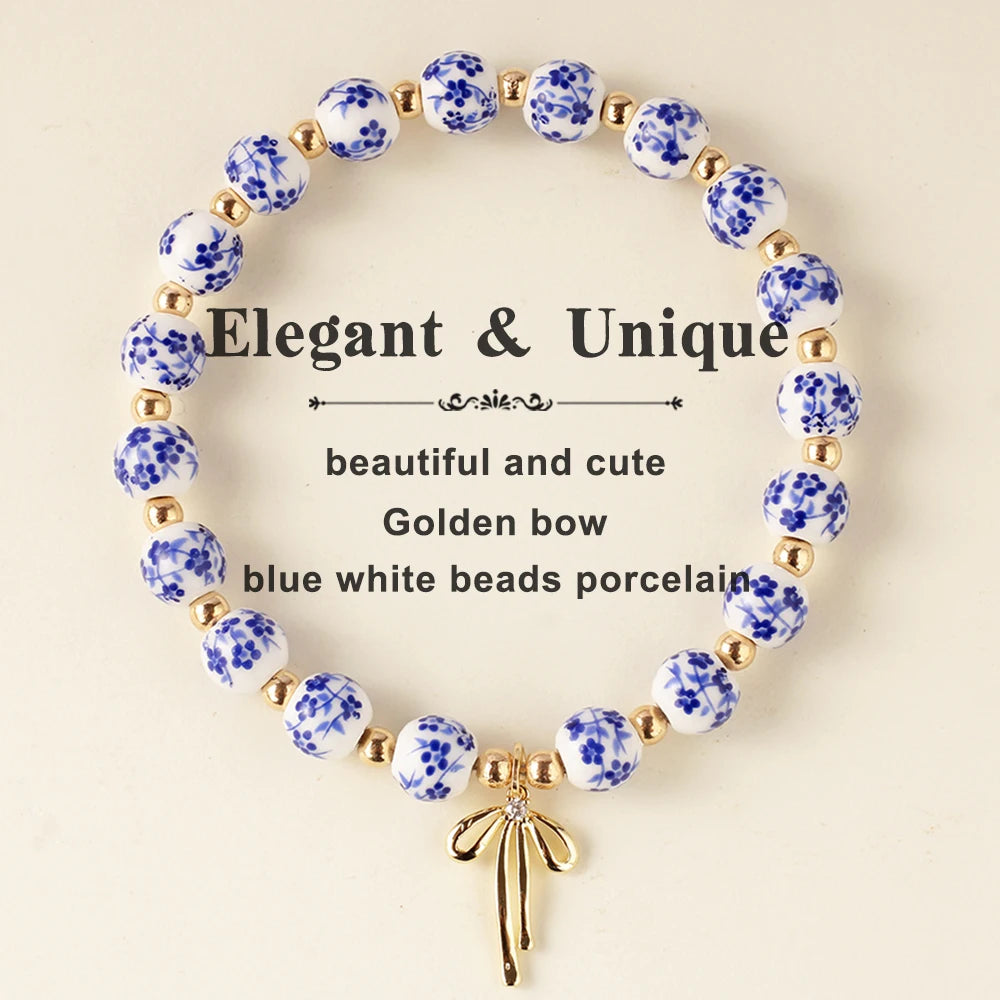 gold jewelry bow bracelets for women blue and white porcelain ceramics beaded bangles jewellery pulseras