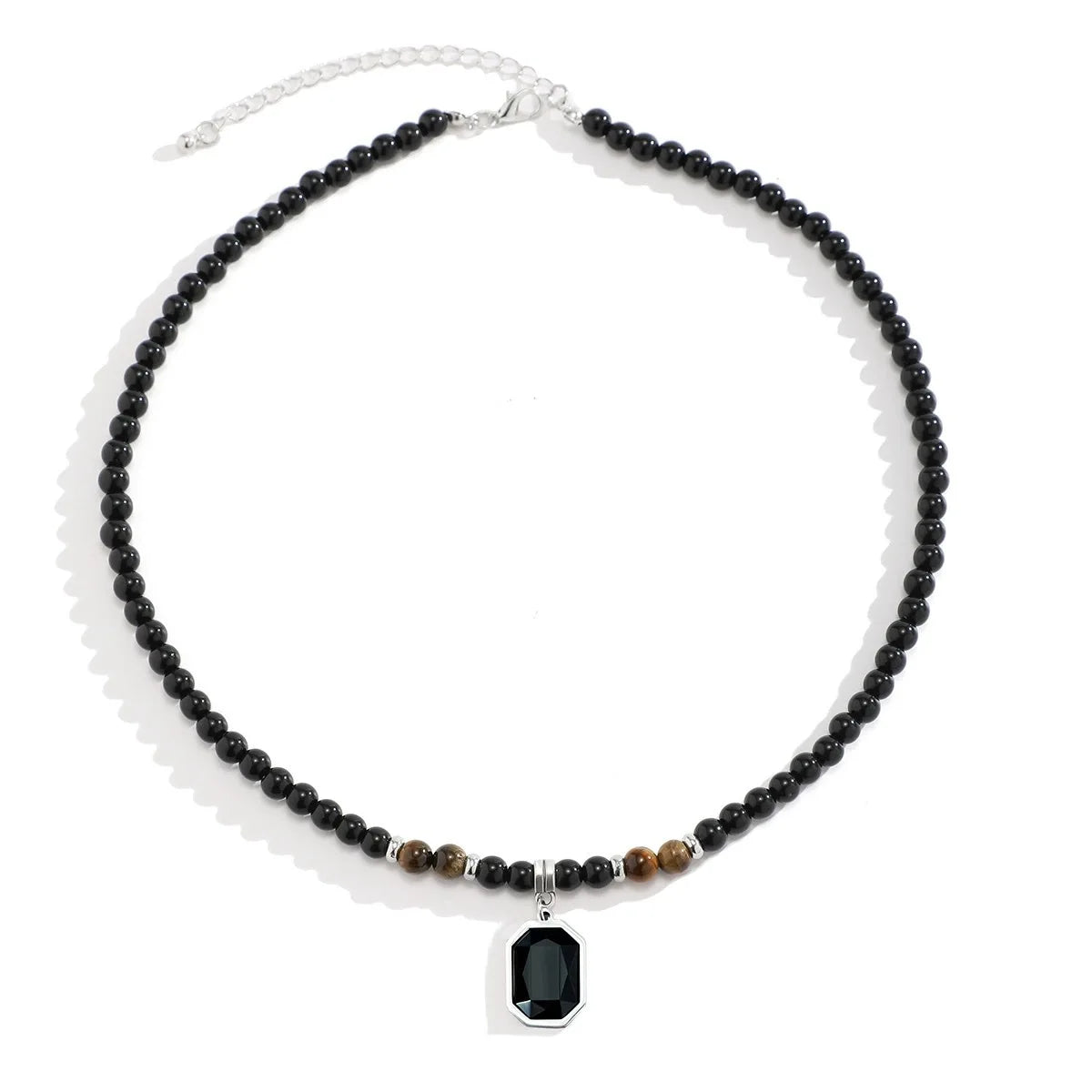 Black Beads with Square Pendant Necklace for Men Trendy Accessories on The Neck Collar 2025 Fashion Jewelry Male Decoration