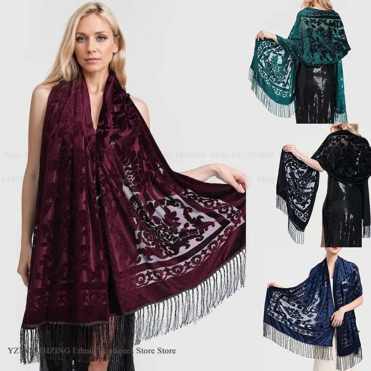 Women Velvet Scarf Shawl Female Long Jacquard Scarves Noble Shawl Autumn Spring Poncho Wrap Luxury Pashmina Tassel Cloak Bufanda