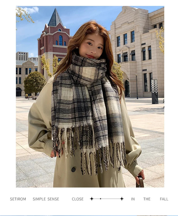 Women's Fashion Scarf New Sweet Style Sacrf Autumn Winter Checkered Scarf New Versatile Warm Couple's Scarf Shawl Korean Style