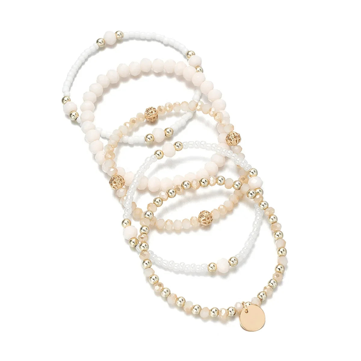 5Pcs Fashion Resin Beaded Bracelet Set For Women Round Piece Charm Elastic Bead Chain Bangle Wrist Strap Female Vacation Jewelry