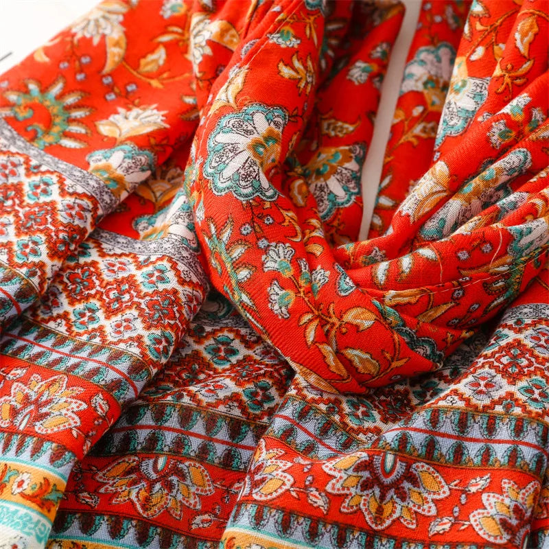 Travel Vacation Shawl Red Flower Retro Ethnic Style Scarf Cotton And Linen Clothing Accessories For Women