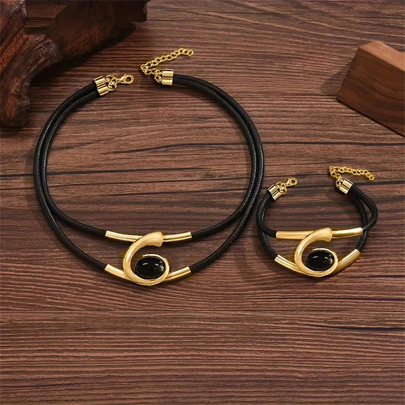 HEZIOWYUN Bohemian Jewelry Sets for Women Stylish Layered Design Chain Bracelet and Chain Necklace 2 Pcs Set