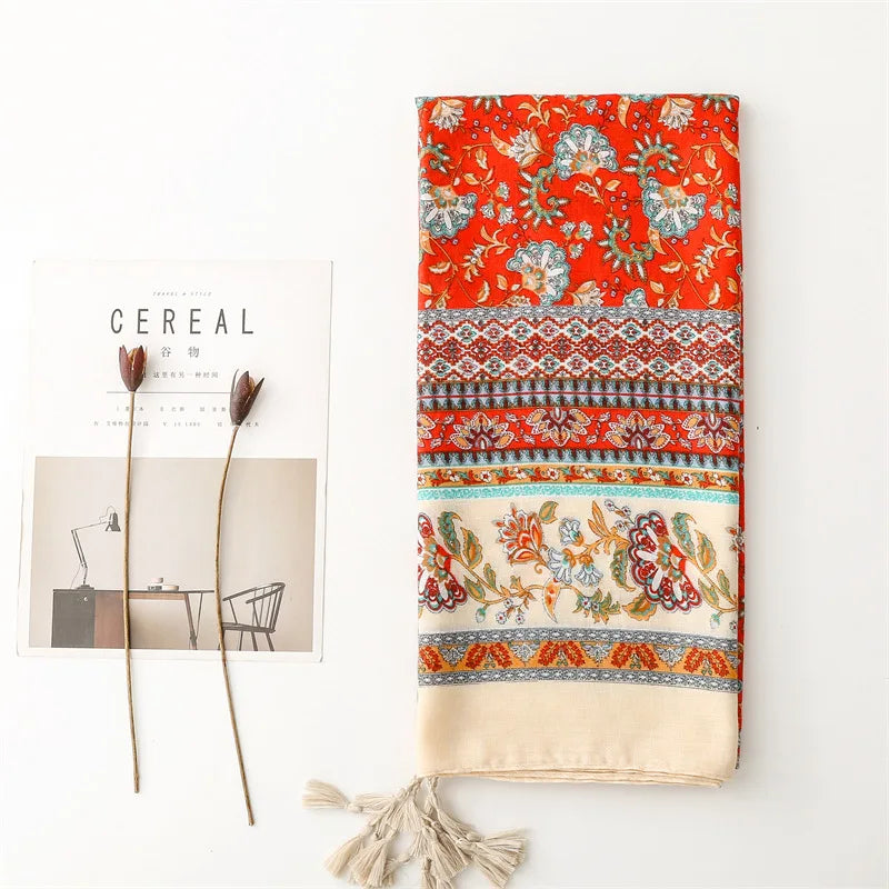 Travel Vacation Shawl Red Flower Retro Ethnic Style Scarf Cotton And Linen Clothing Accessories For Women
