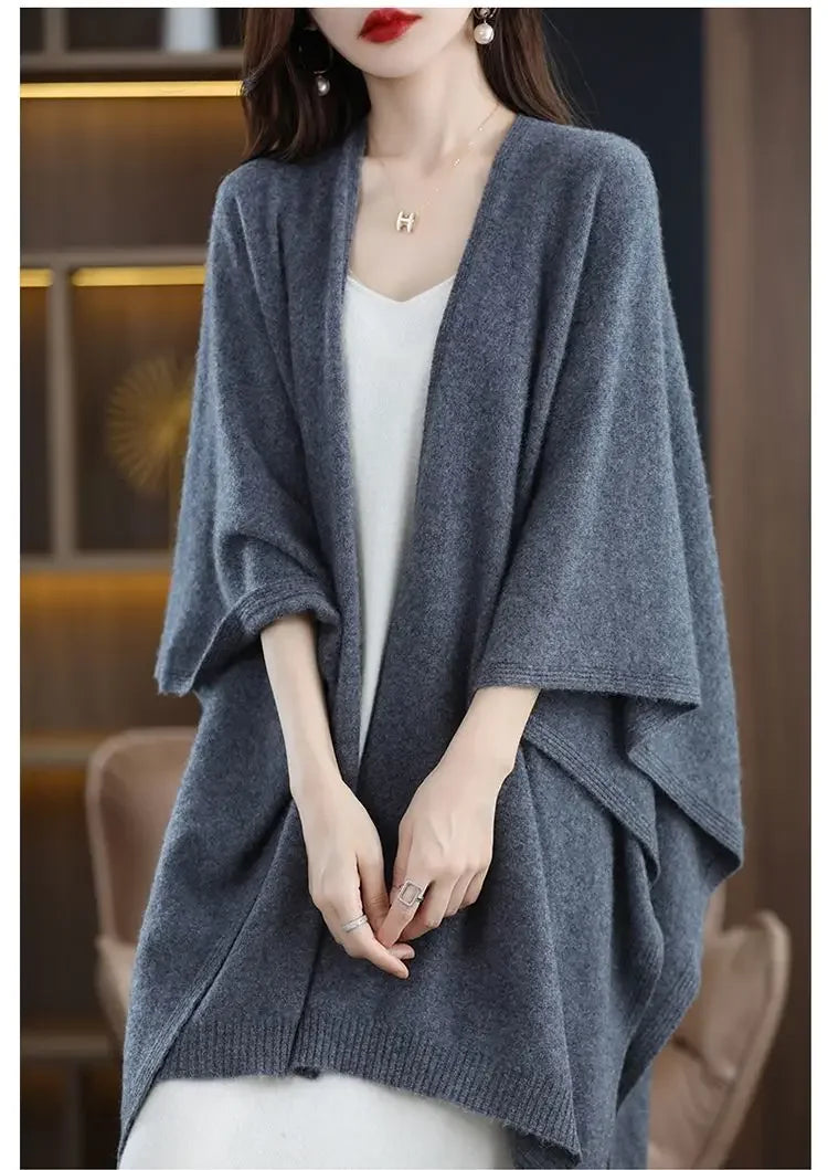 Shawl Cape Sweater Cardigan Women's 2024 Spring and Autumn New Style Outerwear Loose Knit Sweater Jacket Medium Long Style