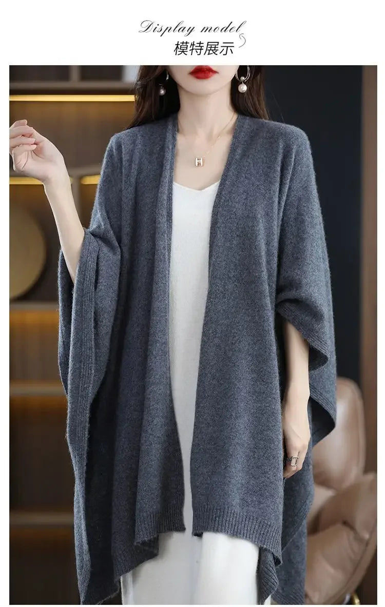 Shawl Cape Sweater Cardigan Women's 2024 Spring and Autumn New Style Outerwear Loose Knit Sweater Jacket Medium Long Style