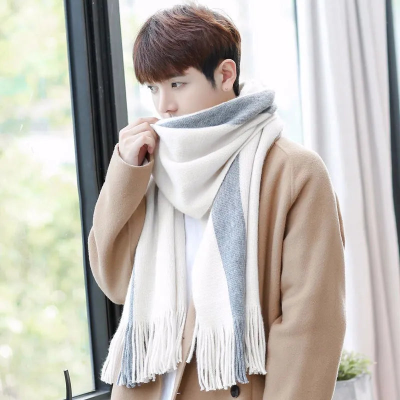 Fashion Classic Men Scarf Korean Version Warm Knitted Thick Thermal Simple Solid Muffler Winter Long Soft Windproof Scarves Male