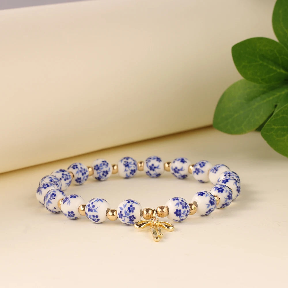 gold jewelry bow bracelets for women blue and white porcelain ceramics beaded bangles jewellery pulseras