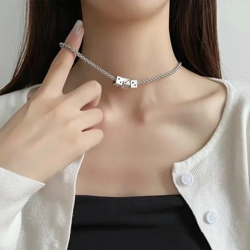 Hip Hop Dice Pendant Necklace For Men Women Streetwear Minimalist Cubical Lucky Charm Collarbone Chain Unisex Jewelry Gift