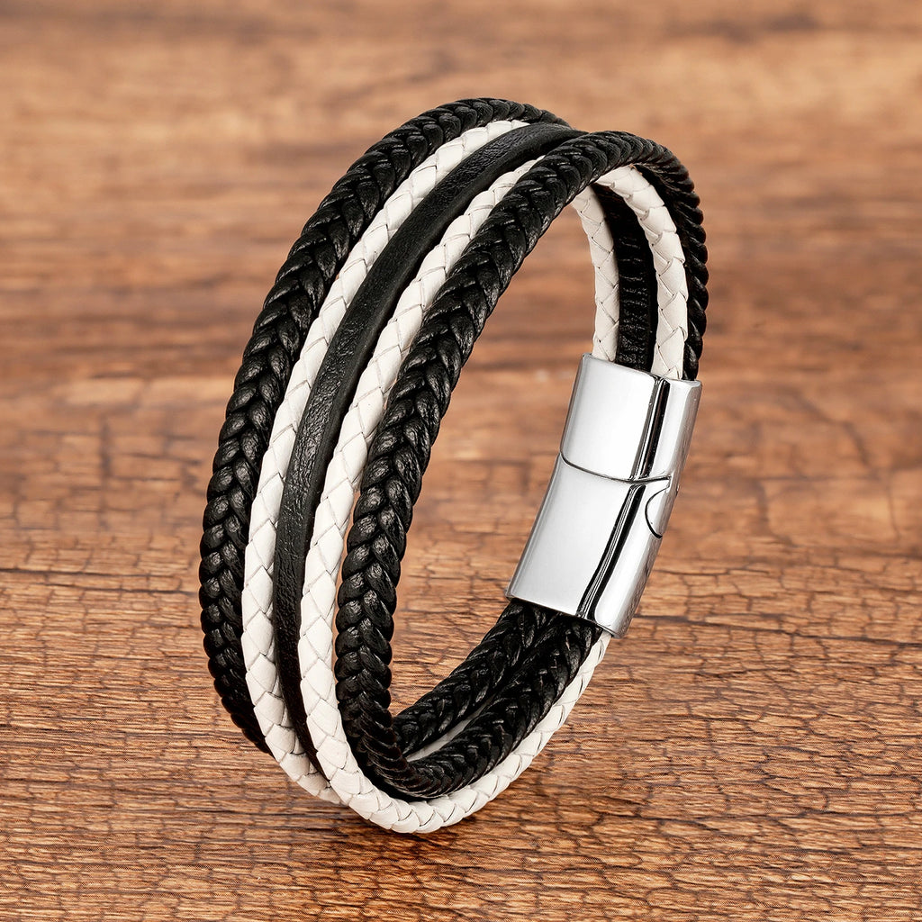 Classic Multilayer Weave Rope Men's Wrap Bracelet Vintage Black Red Genuine Leather Bracelet On Hand Male Wristband Jewelry