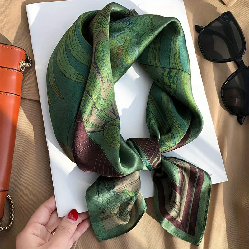 Women's Fashion Soft Satin Scarf Vintage Style Versatile Green Square Scarf Lightweight Shawl Windproof Sun Protection Hairbands