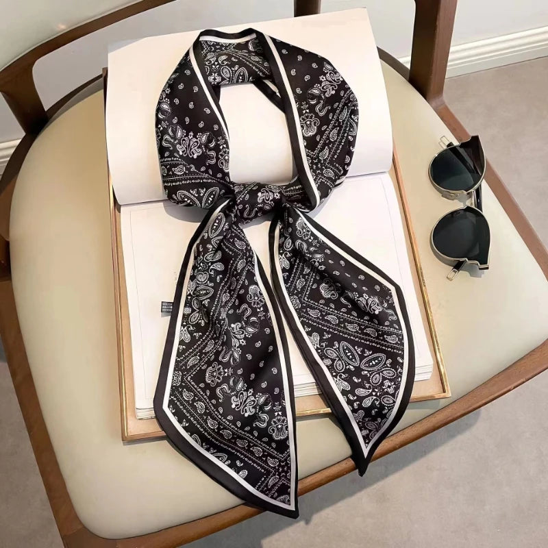 Women's Slim Narrow Long Silk Scarf for Spring & Autumn Hair Band Elegant Small Scarf for Professional Decoration & Bag