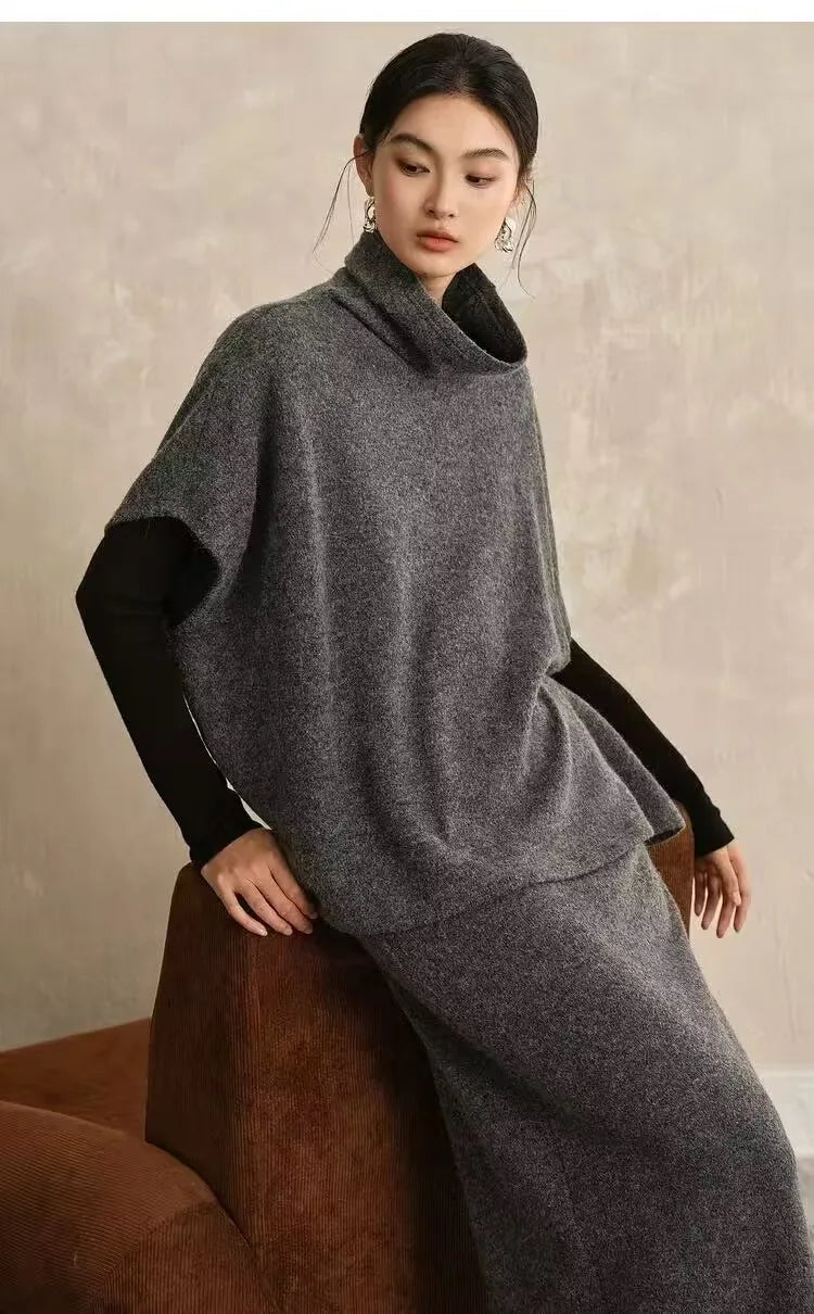 Women's New Shawl Cape High Neck Knitted Scarf 100% Wool Autumn Winter Loose Warm Sweater Versatile Fashion Outerwear Bat Shirts