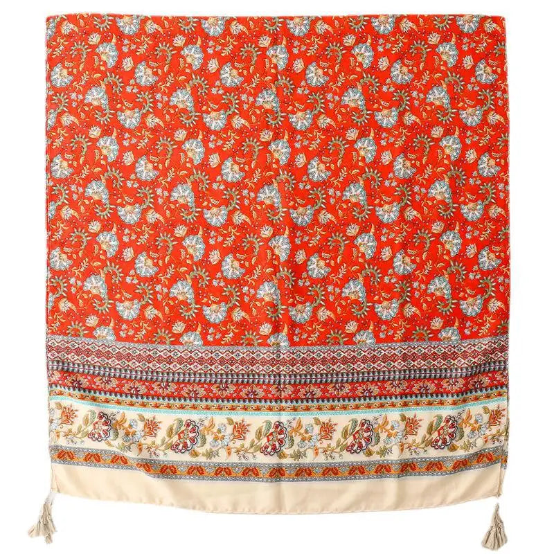 Travel Vacation Shawl Red Flower Retro Ethnic Style Scarf Cotton And Linen Clothing Accessories For Women